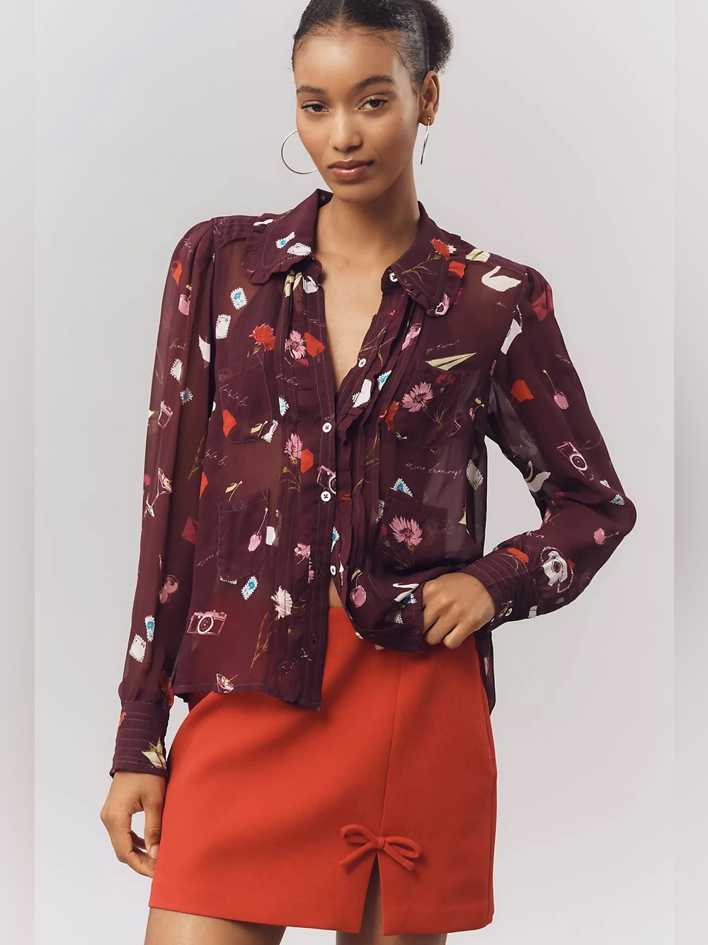 Anthropologie Danielle Kroll Maeve Novelty Print Chiffon Buttoned Down Top Sz M